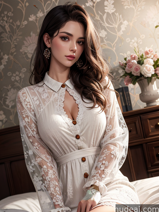 araffed woman in white dress sitting on a bed with a bouquet of flowers