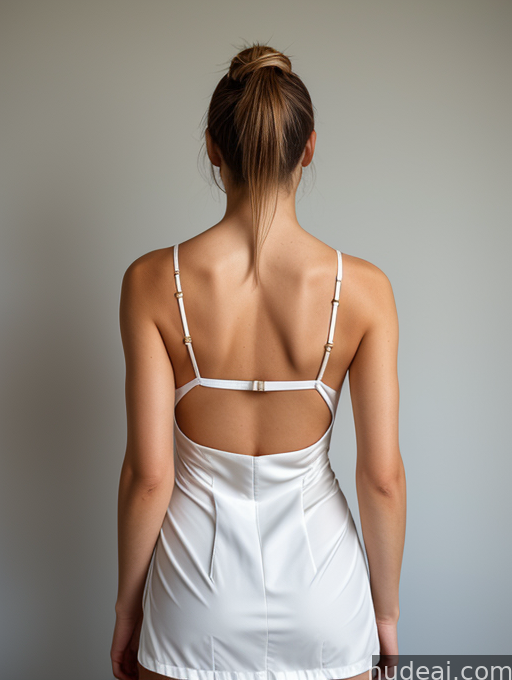 there is a woman in a white dress standing in front of a wall