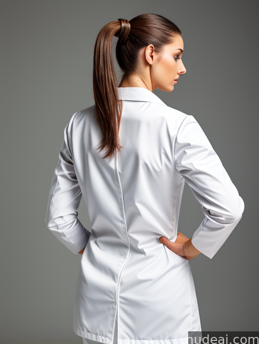 arafed woman in a white lab coat with her hands on her hips