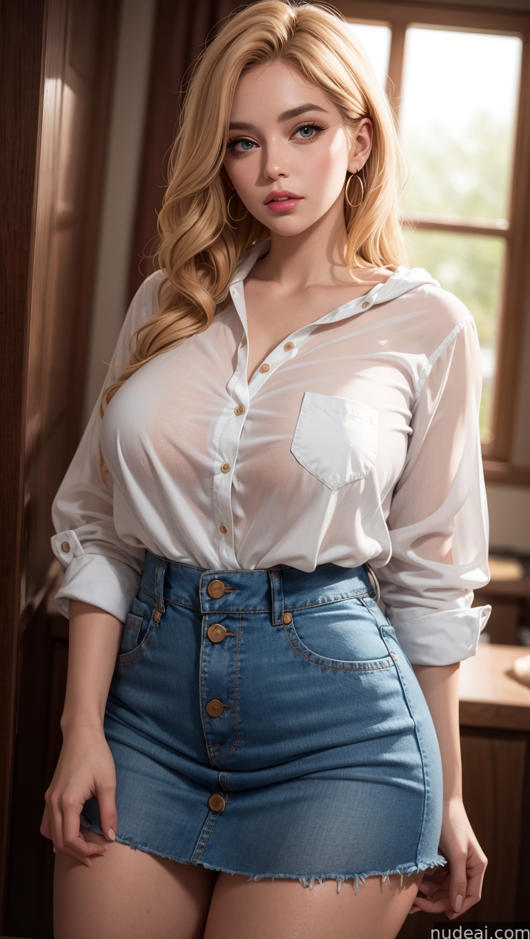 blonde woman in a white shirt and denim shorts posing for a picture