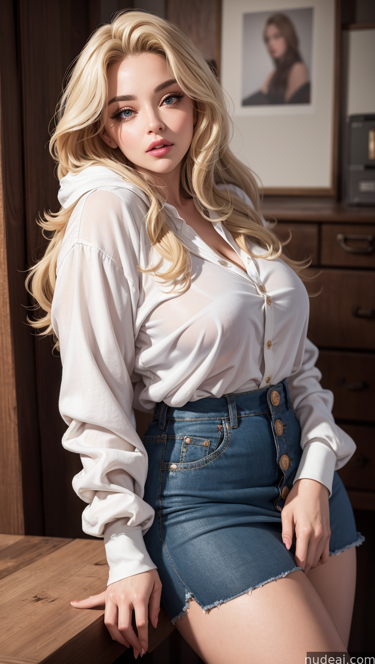 blonde woman in white shirt and denim skirt posing for a picture