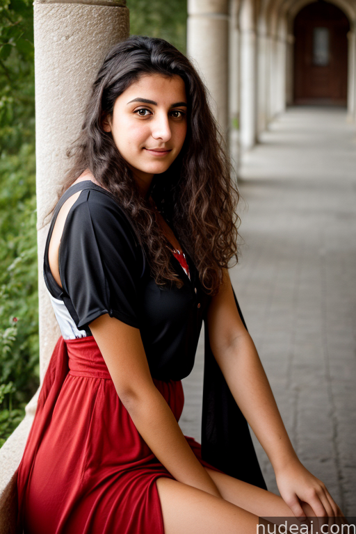 arafed woman sitting on a pillar in a red skirt