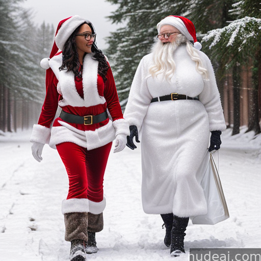 there are two women dressed as santa claus walking in the snow