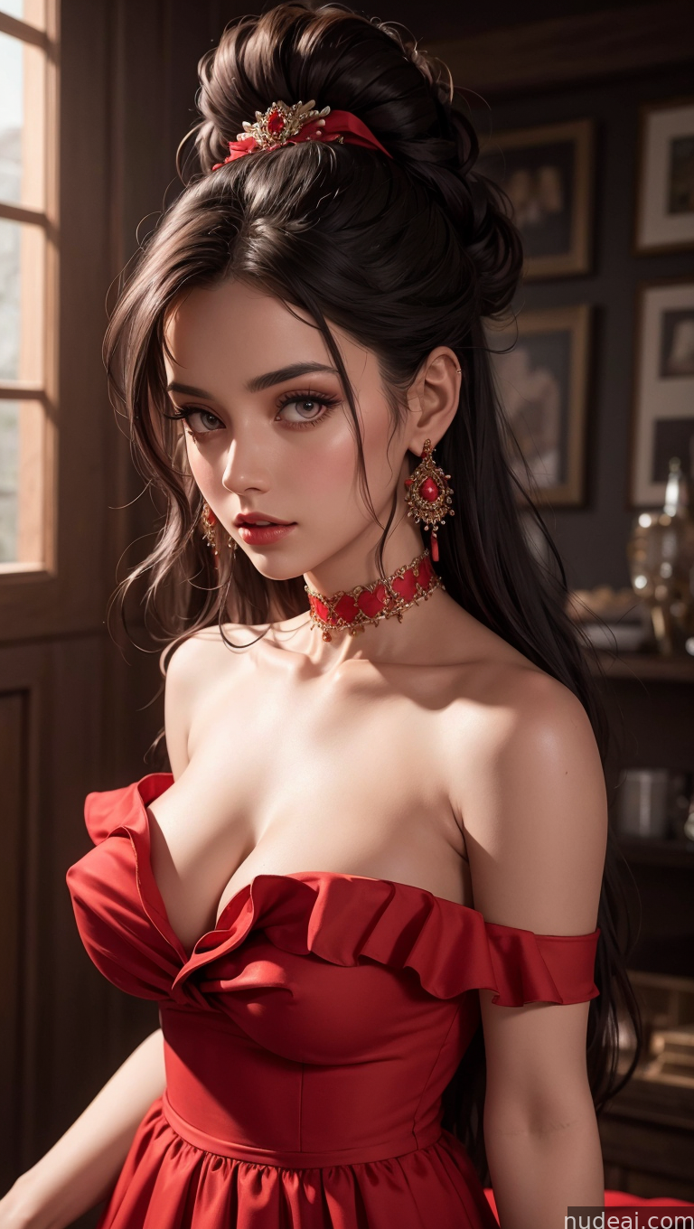 a close up of a woman in a red dress posing for a picture
