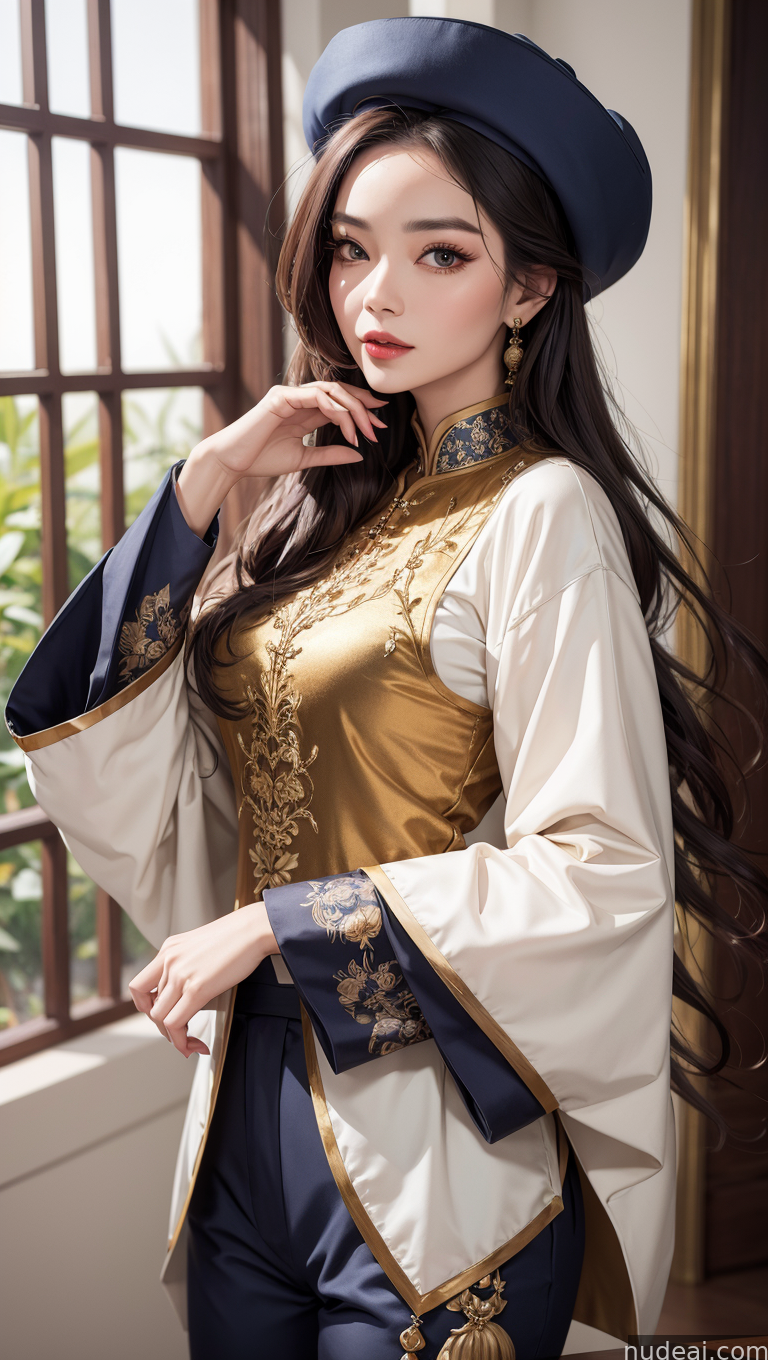 araffe woman in a blue hat and gold dress posing for a picture