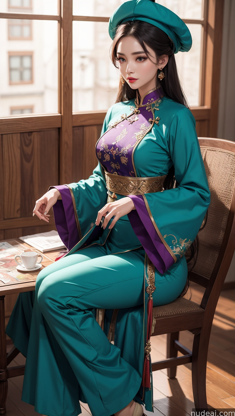 araffe woman in a green and purple outfit sitting on a chair