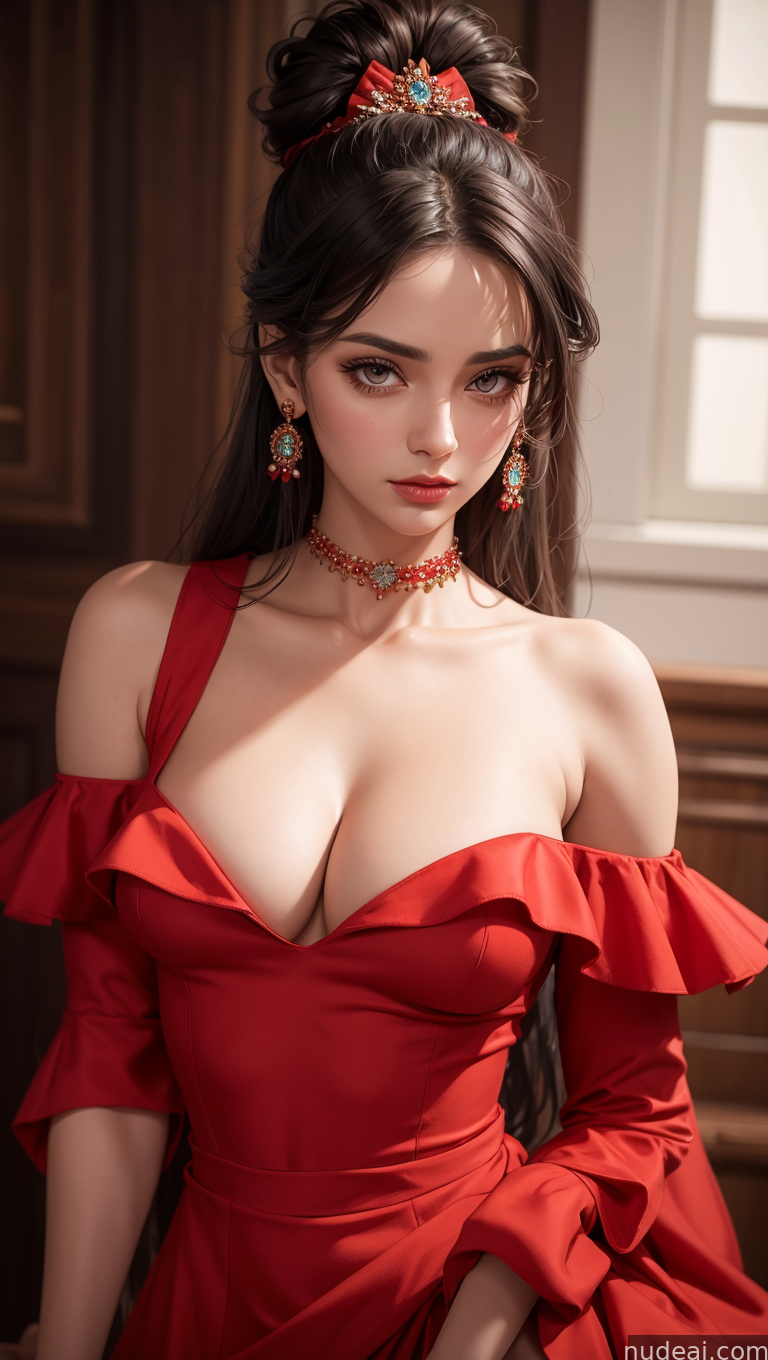 Example of aamira, long hair, bangs pinned back, topknot, forehead, choker, bare shoulder, cleavage, red dress, frilled dress, bow, sleeveless