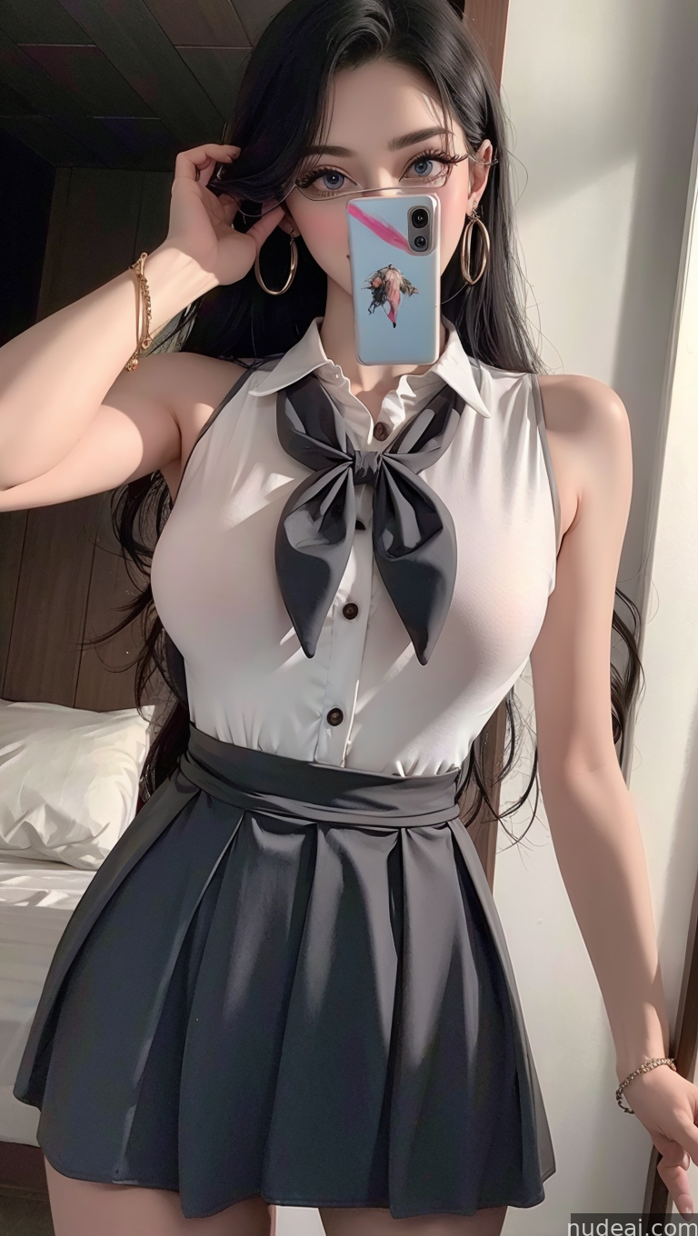 araffed asian woman in a white shirt and black skirt taking a selfie
