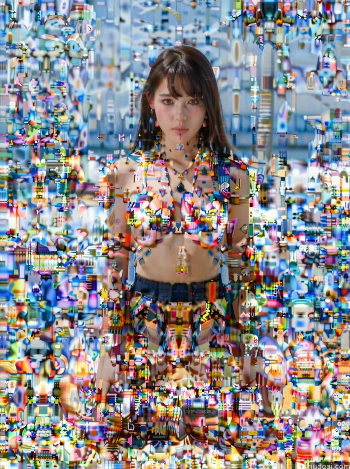 arafed image of a woman in a bikini standing in front of a wall of legos