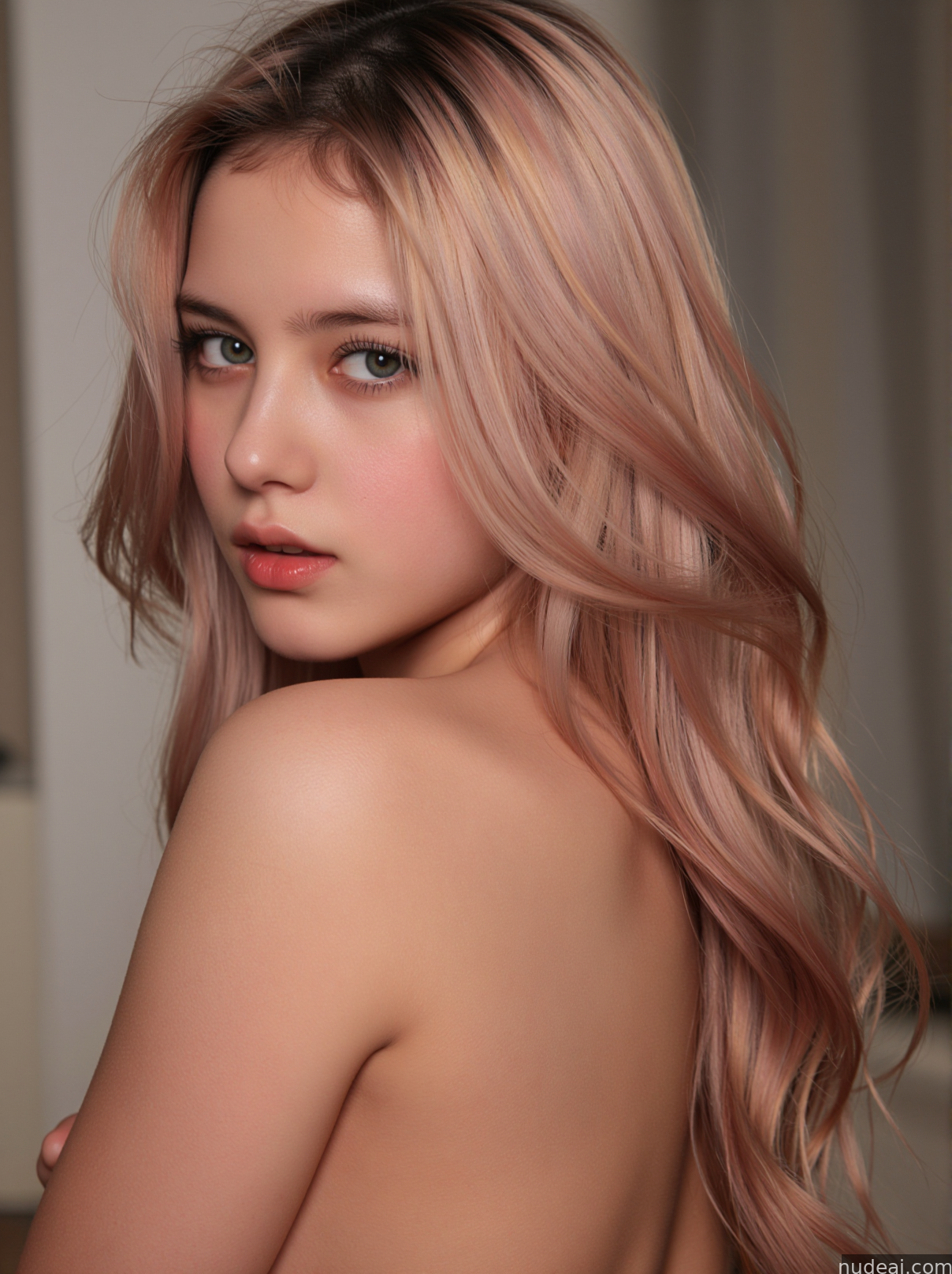 blond woman with long pink hair posing naked in a room