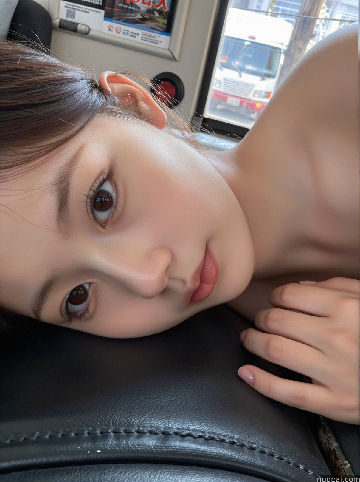 there is a woman laying on a black leather chair with her eyes open