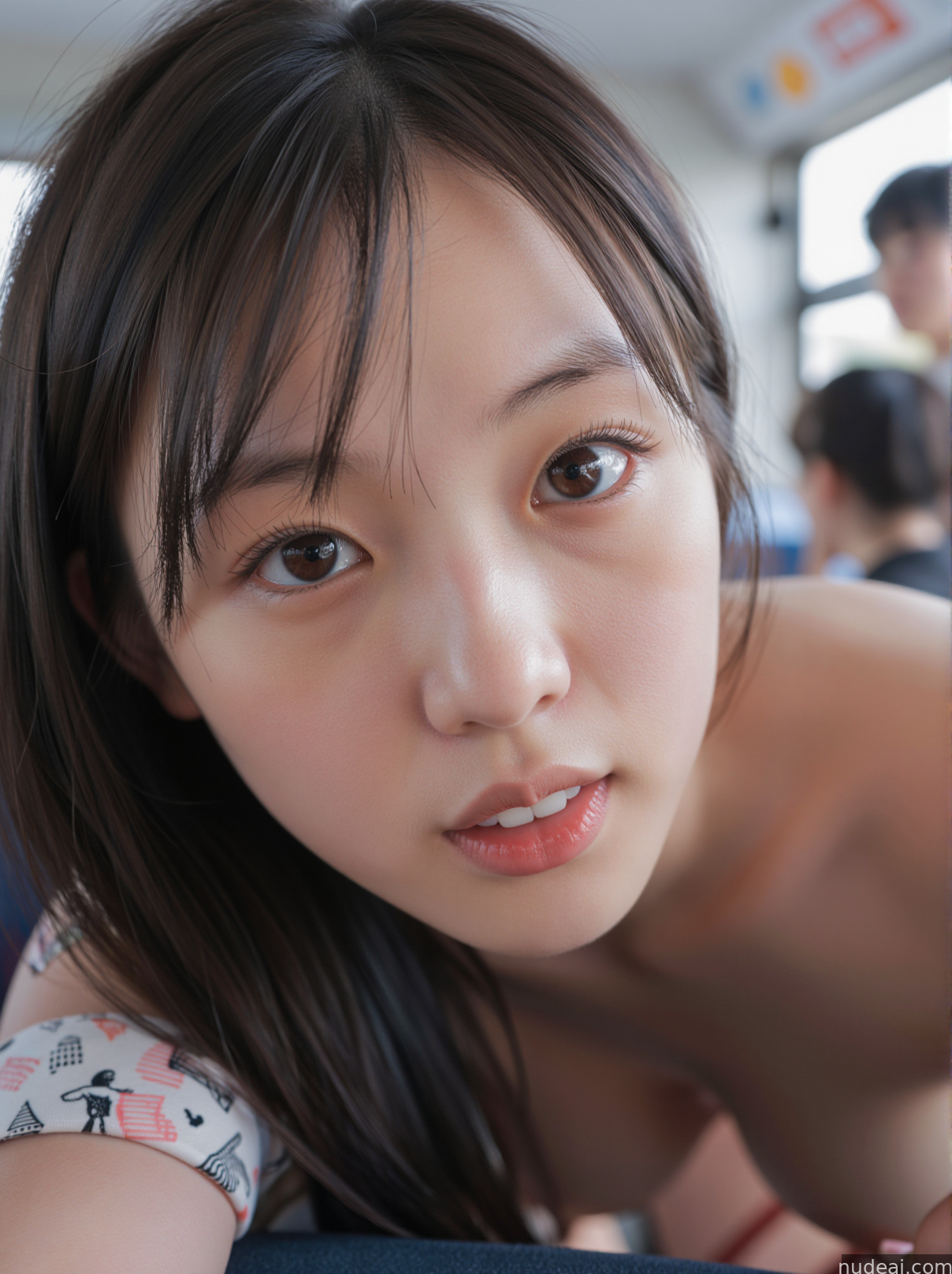 there is a young woman laying on a bus looking at the camera