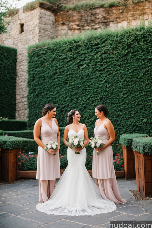 bride and bridesmaids in front of a stone wall
