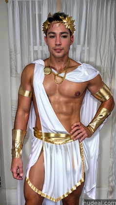 arafed man in a white costume with gold accents posing for a picture
