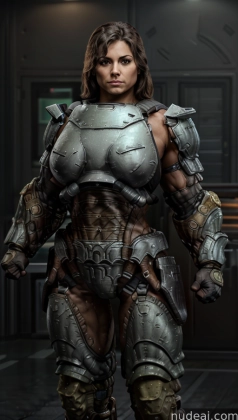 arafed woman in armor standing in a room with a gun