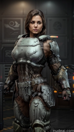 arafed woman in armor standing in a dark room