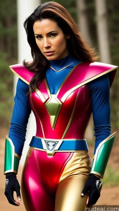 a close up of a woman in a shiny suit and gloves