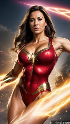 a woman in a red and gold costume with lightning coming out of her chest