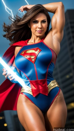 arafed woman in a superman costume posing with a lightning bolt