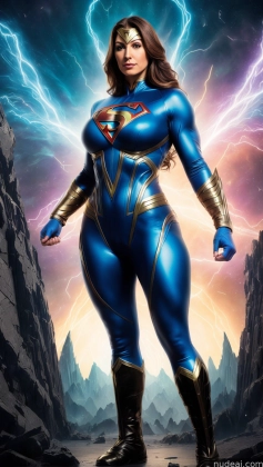 a close up of a woman in a blue costume standing in a rocky area