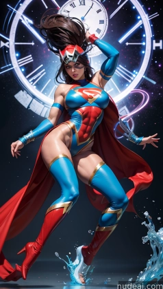 araffe woman in a red cape and blue outfit with a clock in the background