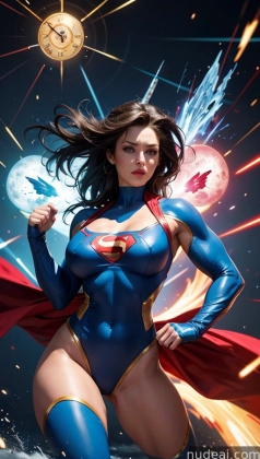 arafed woman in a blue costume with a red cape and a clock