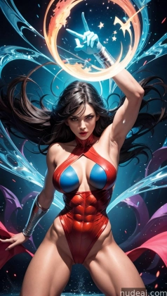 a woman in a red and blue bikini with a sword