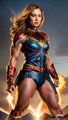arafed woman in a superhero costume standing in front of a mountain