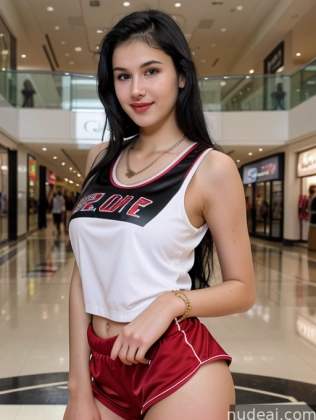 araffe woman in a sports uniform posing in a mall