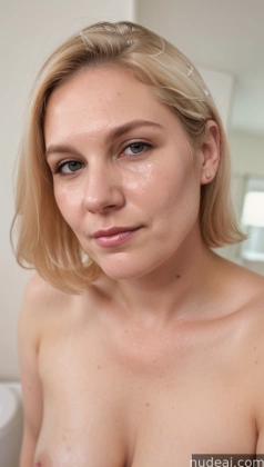 blond woman with big tits posing in bathroom with mirror
