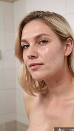 blond woman with no shirt on in a bathroom with a shower head