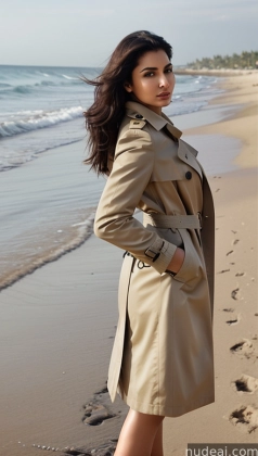 araffe woman in trench coat standing on beach next to ocean