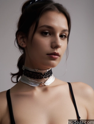 arafed woman wearing a black bra and a white collar