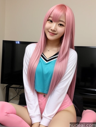 araffe girl with pink hair sitting on a bed in front of a tv