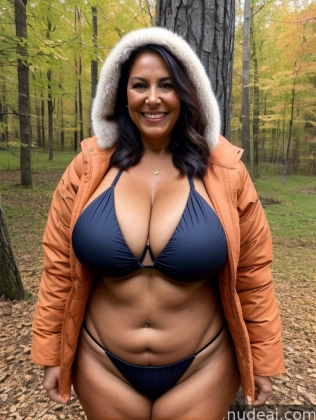 arafed woman in a bikini and jacket posing for a picture