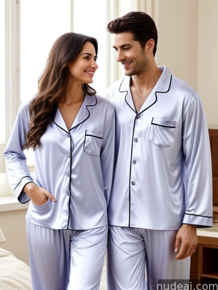 araffe couple in pajamas standing next to each other in a room