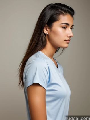 arafed woman with long hair and a blue shirt looking away