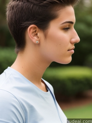 arafed woman with a blue shirt and earring looking away