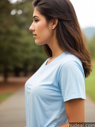 arafed woman in a blue shirt standing on a path