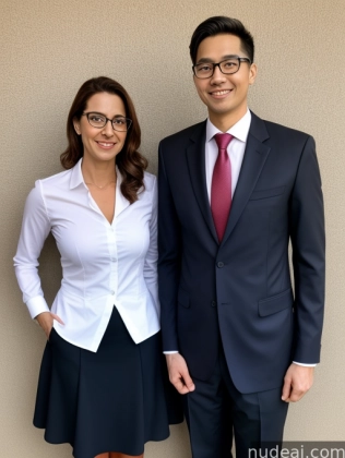 they are two people standing next to each other in front of a wall