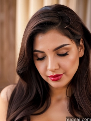 araffe woman with long brown hair and red lipstick looking down