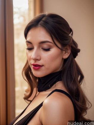 there is a woman with a black dress and a red lipstick