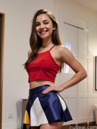 arafed woman in a red top and blue skirt posing for a picture
