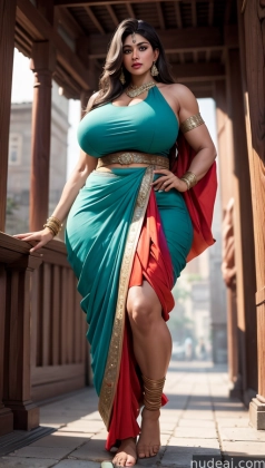 a pregnant woman in a blue and red sari posing for a picture