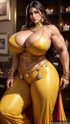 a woman in a yellow outfit posing for a picture