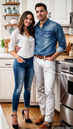 arafed couple standing in a kitchen with a stove and a sink