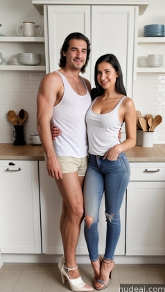there are two people standing in a kitchen together