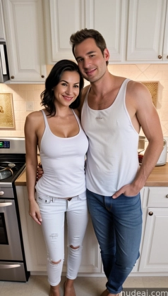 they are posing for a picture in the kitchen together