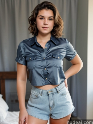arafed woman in denim shorts and a denim shirt posing for a picture