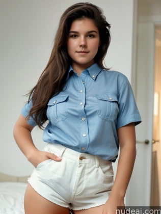 arafed woman in a blue shirt and white shorts posing for a picture